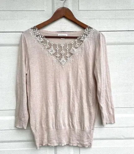 Monsoon Womens Sweater Cream Embroidered 3/4 Sleeve Cream 12