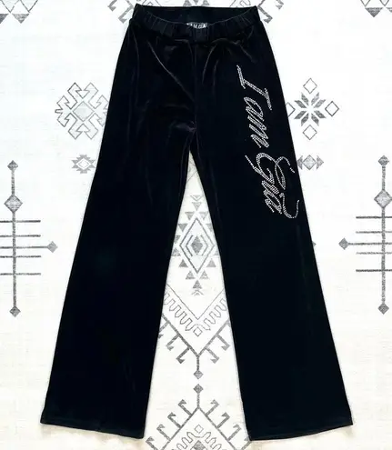 I am gia I.AM.GIA Daria Velour Rhinestone Wide Leg Flare Track Pant in Black