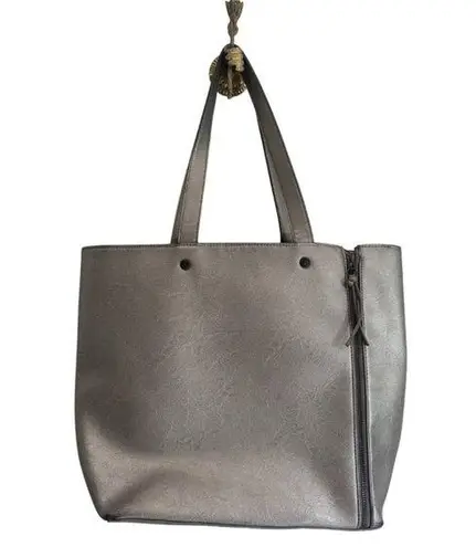 Neiman Marcus  Quiet Luxury Silver Gray Faux Leather Large Zipper Tote Bag