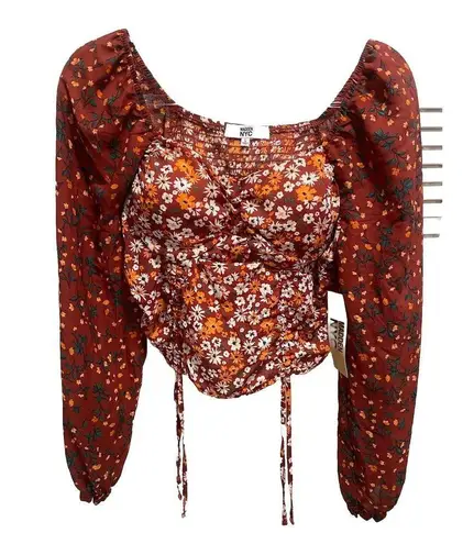 Madden NYC Floral Crop Top Long Chiffon Type Sleeves Ruched Smocked Tie Size L Orange