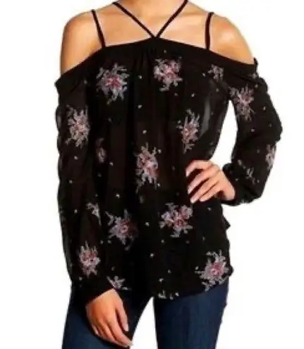 Ro & De  NWT Black Strappy Floral Embroidered Open Shoulder Top Size Medium