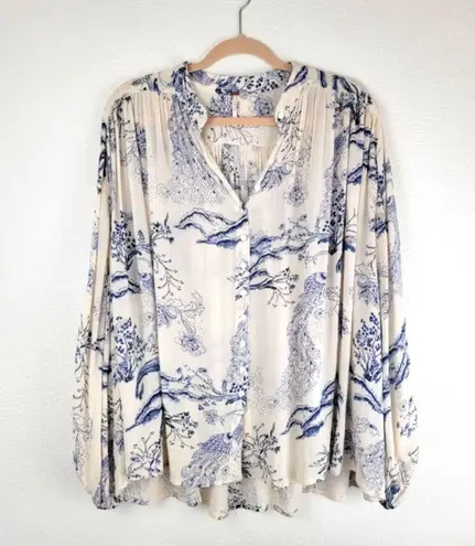 Free People Ivory & Blue Balloon Sleeve Top