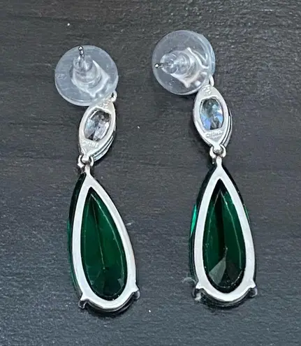 Signed Teardrop Lab Emerald Silvertone Drop Earrings