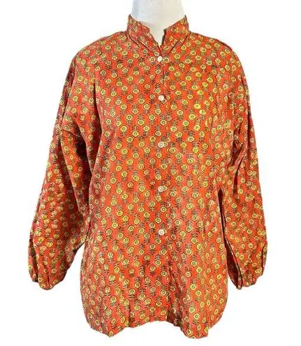 Mod’s Mahal Indian Cotton Block Print Retro 70s Button Down Shirt Size Large Orange