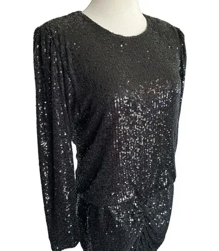 Retrofête Retrofete Flynn Sequin Ruched Tulle Long Sleeve Key Hole Mini Dress Black Large
