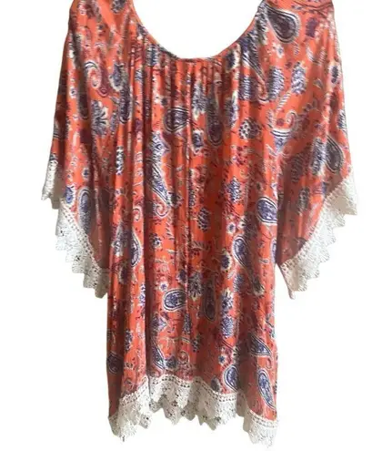 Staccato Short Sleeveve Orange/Blue Paisley Split Neck Tunic Top. Size Medium