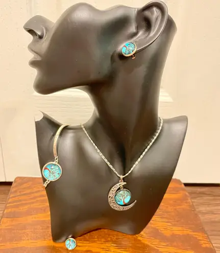 Liebe Engel Bracelet Earrings Necklace Pendant Life Tree Jewelry Set Silver Aqua