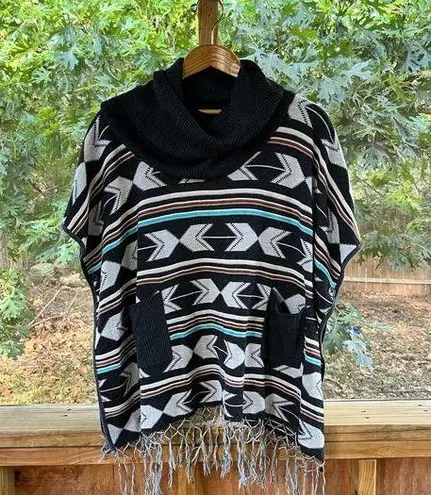 Double Zero  Women's Boho Cowl Neck Poncho Sweater With Fringe Size M