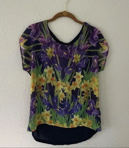 Purple Floral Short Sleeve Top Flowy Y2K Yellow