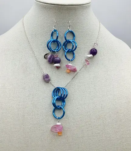 Handmade Artistic Jewelry Set “Circular “ By Haobalabu Blue Tone Multicolor Gemstones