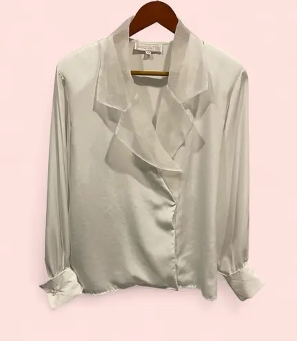 Vintage 80’s semi sheer silky white mesh wide collar flowy blouse wrap button Size 12