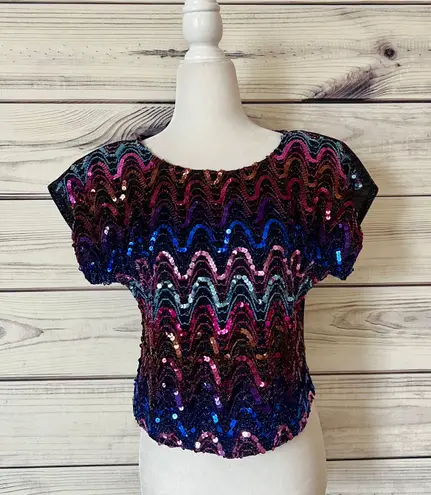 Vintage 80s / 90s Sequin Sparkly Disco Short Sleeve Blouse Multiple Size M