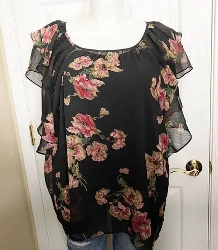 WD•NY WD NY 3X Sheer Romantic Floral Flutter Sleeve Top
