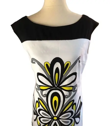 London Times  sleeveless shift dress yellow white and black geometric print size