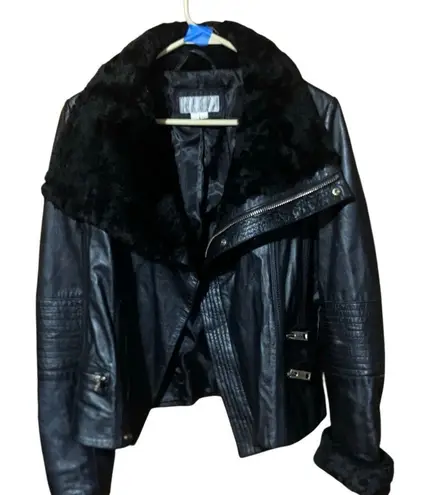 Badgley Mischka Samara Sheep leather moto jacket with shearling size Large Black