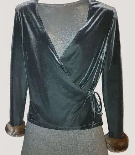 Chetta B Black Velvet Blouse Jacket Top NYC Real Mink Fur Cuff Crossover