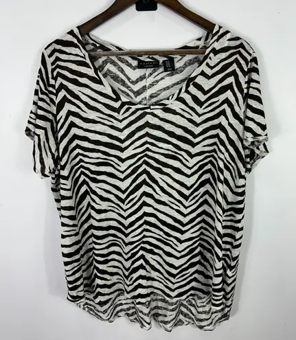 Elie Tahari Tahari Top 1X Brown White Zebra Print 100% Linen Safari Chic Resort Boho Coastal