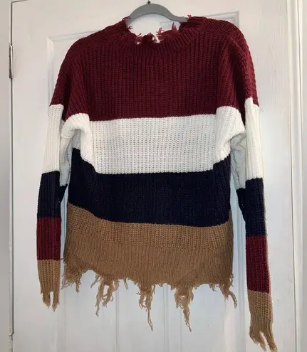 Size 1X plus red white blue brown fringe distressed vneck sweater