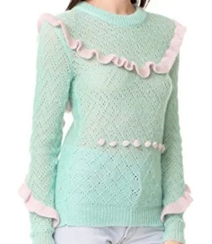 Anna October Mint Green Pink Ruffle Wool Knit Sweater Size Small