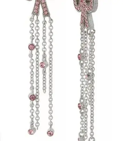 Coach  Antique Bow Pave Dangling Chain Earrings, Silver Tone, Pink