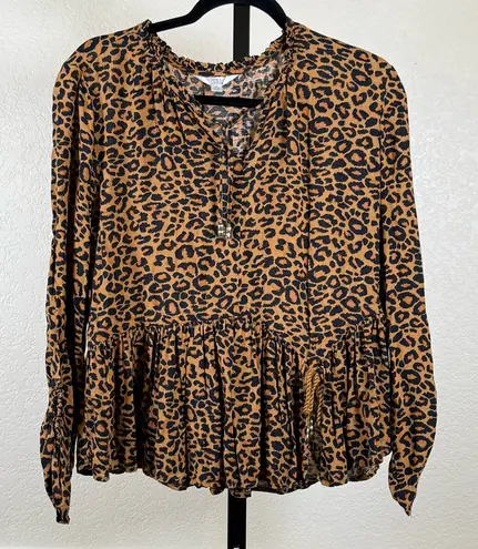 Leopard Peplum Blouse Long Sleeve Boho Chic Flowy Tiered Hem Top Women’s Small Brown