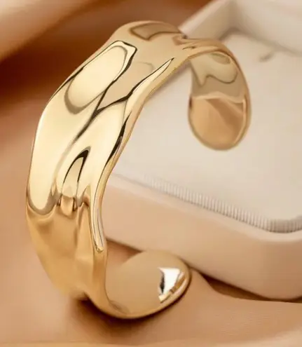 Gold Molten Wide Cuff Bracelet Sculptural Organic Statement Metal Wrist Cuff