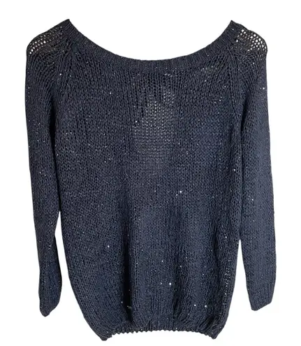 Miracle Navy Boat Neck Sweater w/ Metallic Accents & Ribbon Tie in Back Size M/L Blue - Image 1