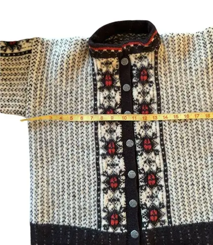 VTG Wool Chunky Knitted Cardigan Sweater M Black Cream Red Metal Scroll Buttons Size M