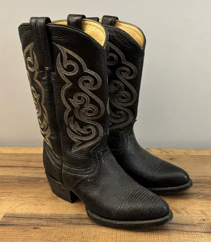 African Brand Leather Ornate Design Cowboy Boots Black Vintage 90s Women’s Size 6