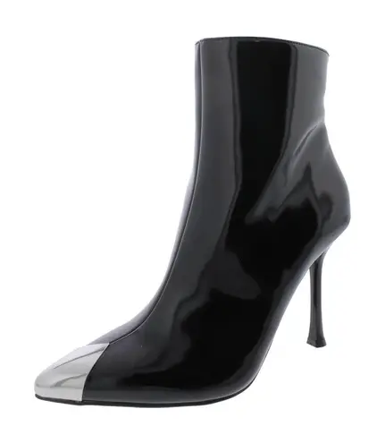 ROHESE P Silver Toe Stiletto Ankle Boots Pointed Black Patent Leather 9.5