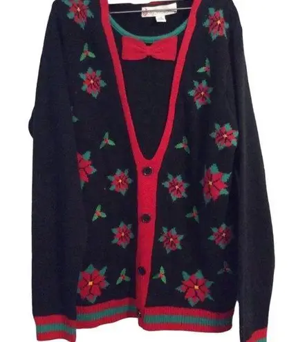 Ugly Christmas Sweater bowtie holly Large L Jolly black green red stretch
