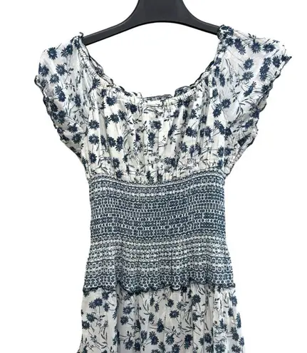 Mlle Gabrielle Mixed floral print boho smocked shirred midi maxi patchwork navy white dress