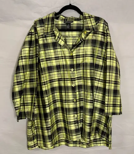 VTG Karen Arnold Sz 3X Chartreuse 100% Silk Taffeta Jacket Plaid Top Plus Size Green