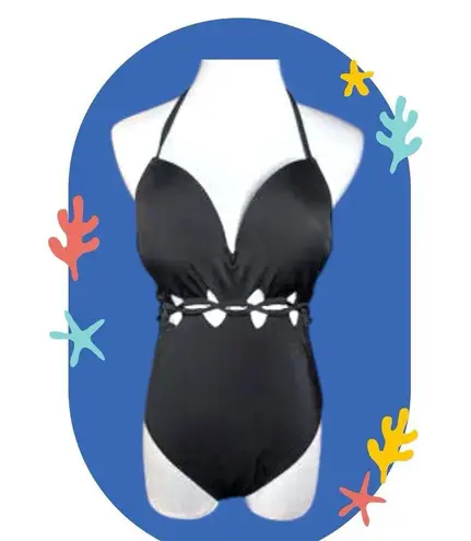 Shade & Shore Black plunge Halter One piece Swimsuit 34C NWT Peekaboo Woven Sexy