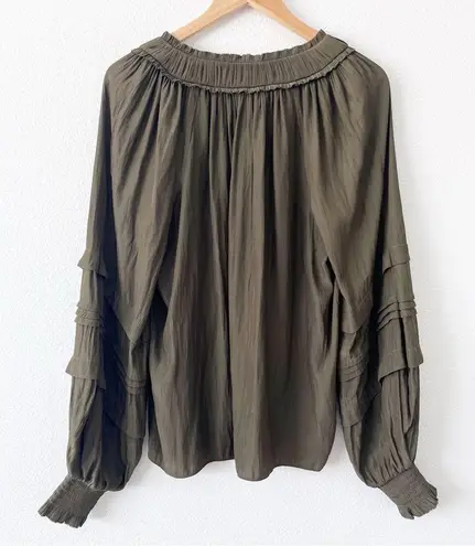 Ramy Brook Merry Ruffle Smocked Split Tie Neck Blouse Top in Olive Green