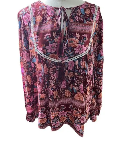 Pretty Garden Boho Cottagecore Blouse Large Pink Floral Tie Neck Peasant Top