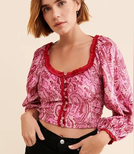 Free People NEW  Dare Me Velvet Top Women Medium Pink Paisley Puff Sleeve Boho