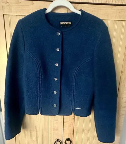 Geiger Women Teal Boiled Wool Sweater Jacket Blazer Button Front Size 42 *READ* Blue
