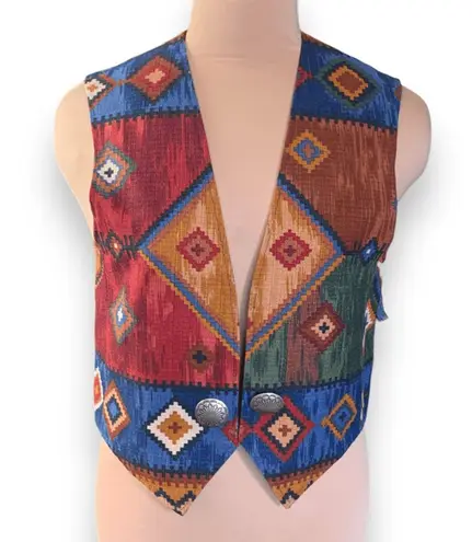 Vintage 90s Coldwater Creek Southwestern Tapestry Vest Concho Buttons Medium Red