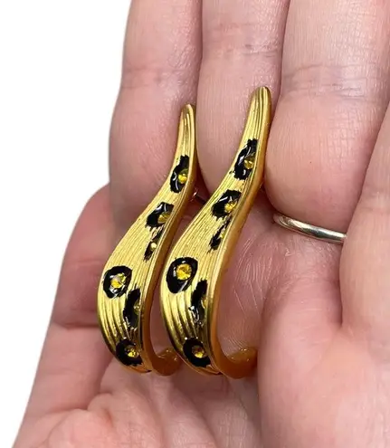 Vintage Unsigned Gold Tone Animal Print & Yellow Rhinestone Dangle Post Earrings