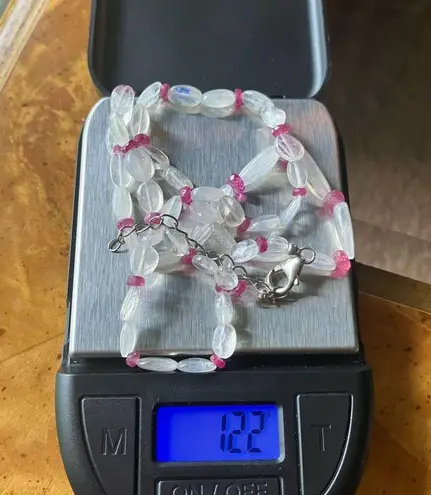 Natural Rainbow Moonstone Ruby Sterling Silver Beaded Necklace