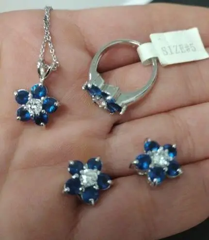 Source Unknown .925S ARTISAN TANZANITE EARRING RING NECKLACE PENDANT SET W/ LAB ACCENTS