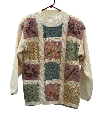 Vintage 90s Needles & Yarn Sweater Womens M Patchwork Floral Knit Korea Size M