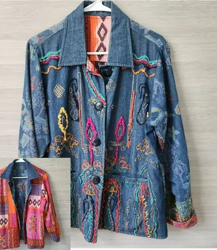 Flashback Art to Wear REVERSIBLE Colorful Floral Festival Jacket Boho Patchwork Blue Size M