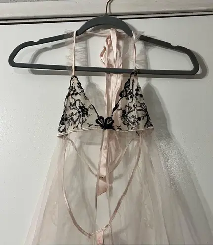 Victoria's Secret  Pink Sheer Chemise Gown Sexy Lingerie Embroidered Mesh Halter