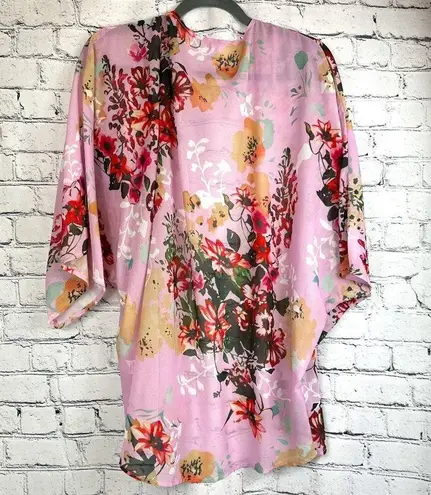 Women's Batwing Floral Chiffon Kimono Beachwear Cover Up Pink L Size L