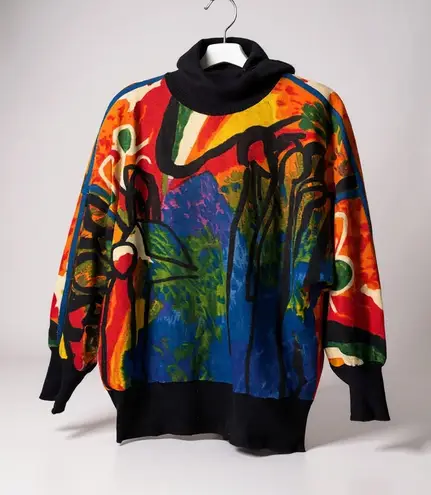 IB DIFFUSION Abstract Art Print Turtleneck Sweater Multi Color Lambswool Blend Red Size L - Image 1