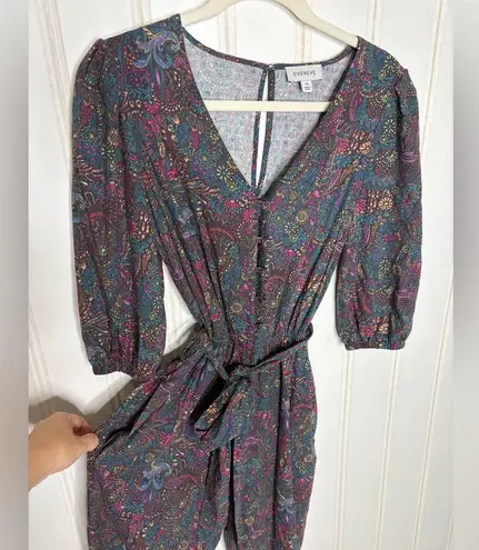Evereve Floral Ember Jumpsuit Size XS Puff Sleeve Belt Cropped Purple Teal
