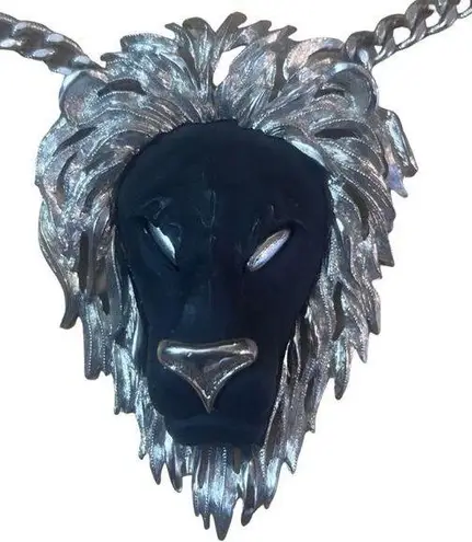 Vintage 1970s Luca Razza Large Collectible Black & Silver Lion Pendent Necklace Black