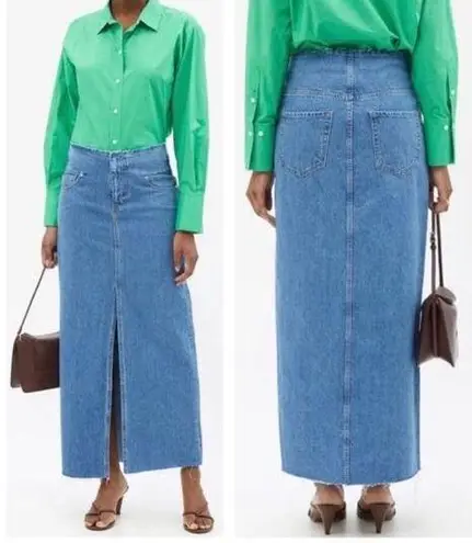 Frame Sea Cut Off Waist Maxi Jean Denim Skirt Raw Hem Blue Front Slit 26